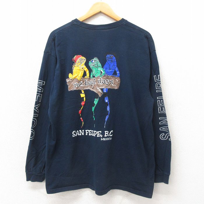 XL★古着 長袖 Tシャツ メンズ イグアナ コットン クルーネック 黒 ブラック 25may21 中古