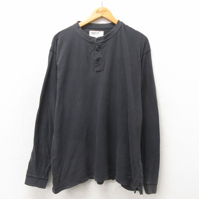 XL★古着 ラングラー Wrangler 長袖 Tシャツ メンズ 無地 大きいサイズ コットン ヘンリーネック 黒 ブラック 25may21 中古
