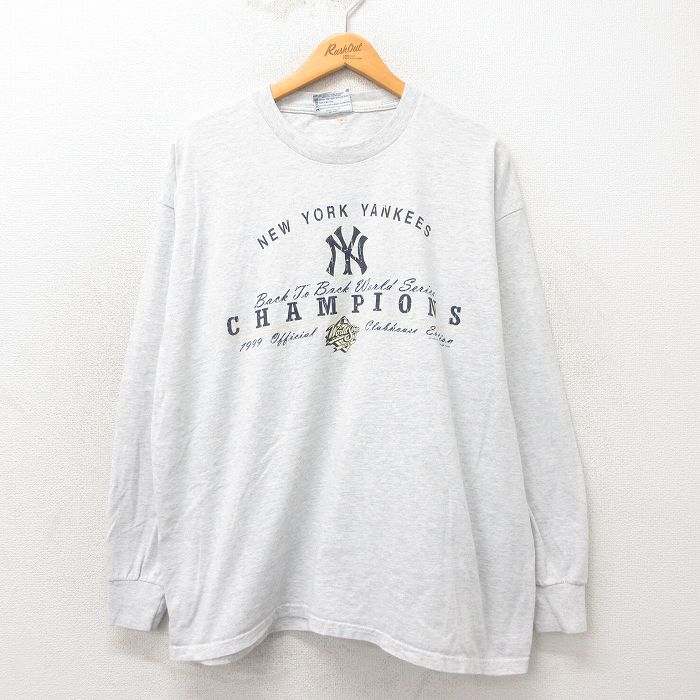 XL★古着 リー Lee 長袖 ビンテージ Tシャツ メンズ 90年代 90s MLB ニューヨークヤンキース 大きいサイズ コットン クルーネック USA製 グレー 霜降り メジャーリーグ ベースボール 野球 25may22 中古