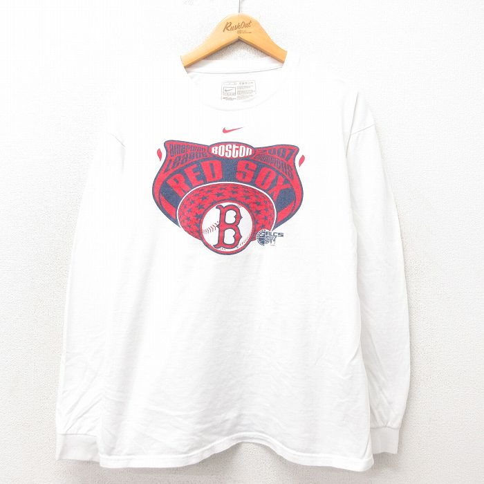 XL★古着 ナイキ NIKE 長袖 ビンテージ Tシャツ メンズ 00年代 00s MLB ボストンレッドソックス コットン クルーネック 白 ホワイト メジャーリーグ ベースボール 野球 25may22 中古
