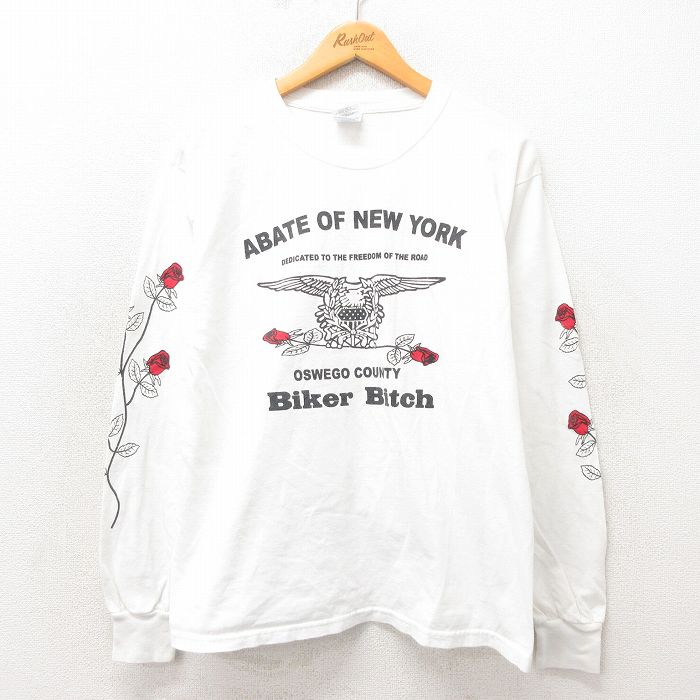 M★古着 長袖 ビンテージ Tシャツ メンズ 00年代 00s バイカー コットン クルーネック 白 ホワイト 25may22 中古