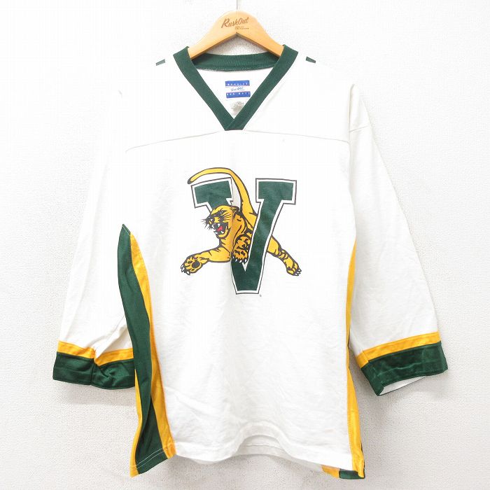 【50%OFF】L★古着 長袖 ビンテージ フットボール Tシャツ メンズ 90年代 90s V Vネック USA製 白他 ホワイト 25may22 中古