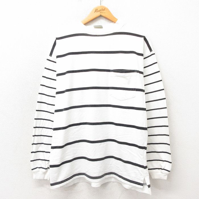 L★古着 バンヒューセン 長袖 ビンテージ Tシャツ メンズ 90年代 90s 胸ポケット付き コットン クルーネック 黒 ブラック ボーダー 25may22 中古