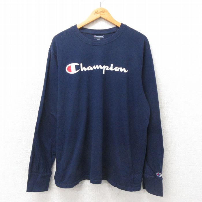 XL★古着 チャンピオン Champion 長袖 Tシャツ メンズ ビッグロゴ 大きいサイズ コットン クルーネック 紺 ネイビー 25may22 中古