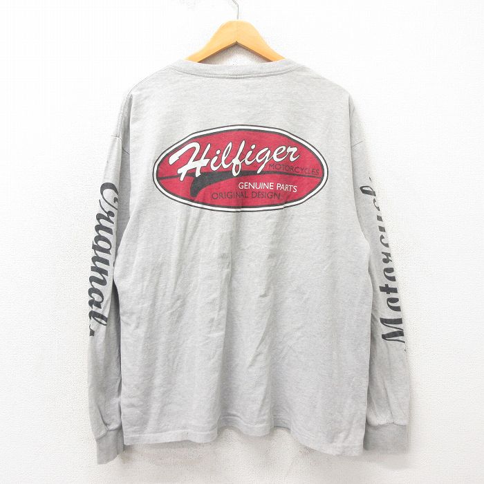 XL★古着 トミーヒルフィガー TOMMY HILFIGER 長袖 ビンテージ ブランド Tシャツ メンズ 90年代 90s モーターサイクル 大きいサイズ コットン クルーネック USA製 グレー 霜降り 【spe】 25may22 中古
