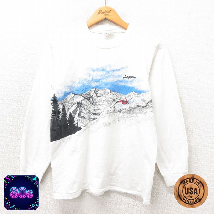 80s 長袖Tシャツ スキー ホワイト S | 古着