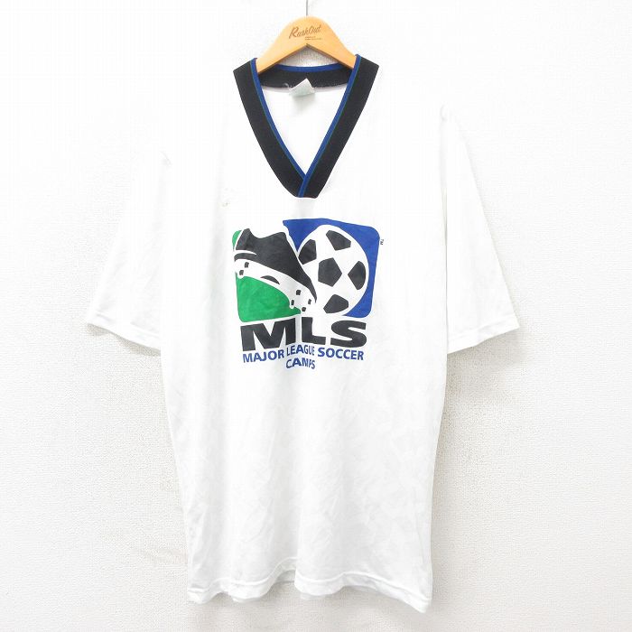 【50%OFF】XL★古着 半袖 ビンテージ サッカー Tシャツ メンズ 90年代 90s MLS 大きいサイズ Vネック USA製 白 ホワイト 25may22 中古