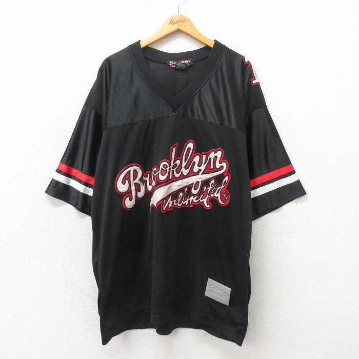 XL★古着 半袖 フットボール Tシャツ メンズ ブルックリン 大きいサイズ ロング丈 Vネック 黒 ブラック ユニフォーム ゲームシャツ 25may22 中古