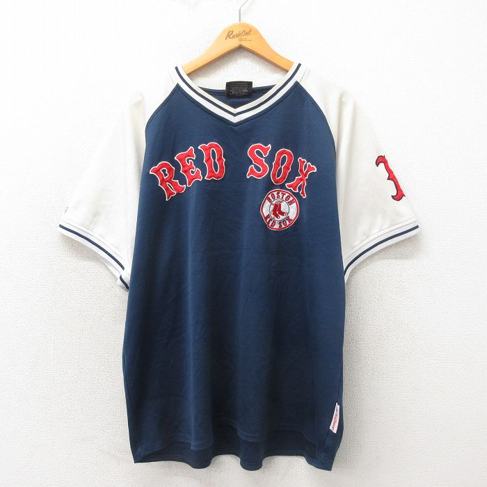 XL★古着 半袖 Tシャツ メンズ MLB ボストンレッドソックス 刺繍 大きいサイズ メッシュ地 ラグラン Vネック 紺 ネイビー メジャーリーグ ベースボール 野球 25may22 中古