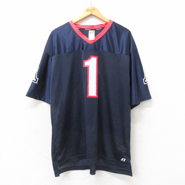 XL★古着 ラッセル 半袖 フットボール Tシャツ メンズ 1 大きいサイズ メッシュ地 Vネック 紺 ネイビー ユニフォーム ゲームシャツ 25may22 中古