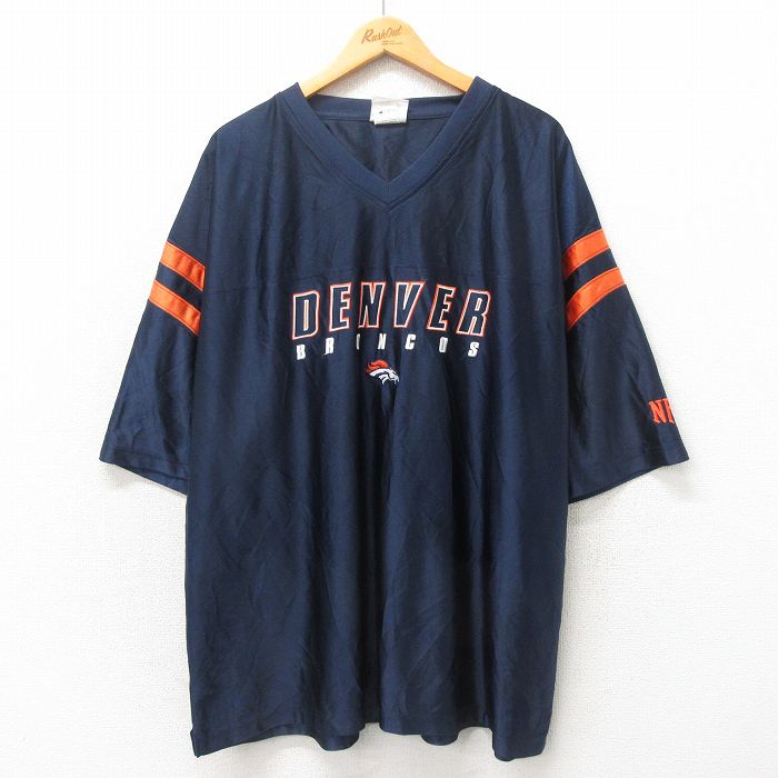 XL★古着 半袖 ビンテージ Tシャツ メンズ 00年代 00s NFL デンバーブロンコス 刺繍 大きいサイズ Vネック 紺 ネイビー アメフト スーパーボウル ユニフォーム ゲームシャツ 25may22 中古
