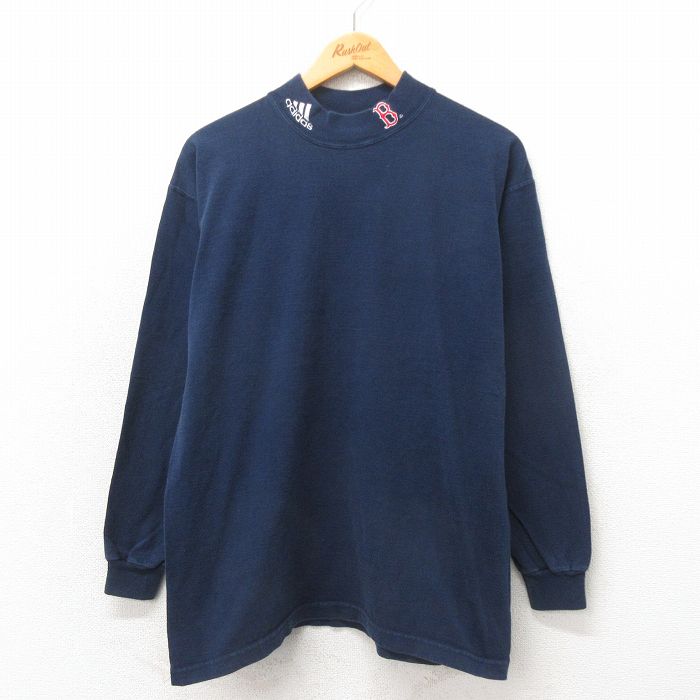 L★古着 アディダス adidas 長袖 ビンテージ Tシャツ メンズ 90年代 90s B コットン モックネック ハイネック USA製 紺 ネイビー 25may22 中古