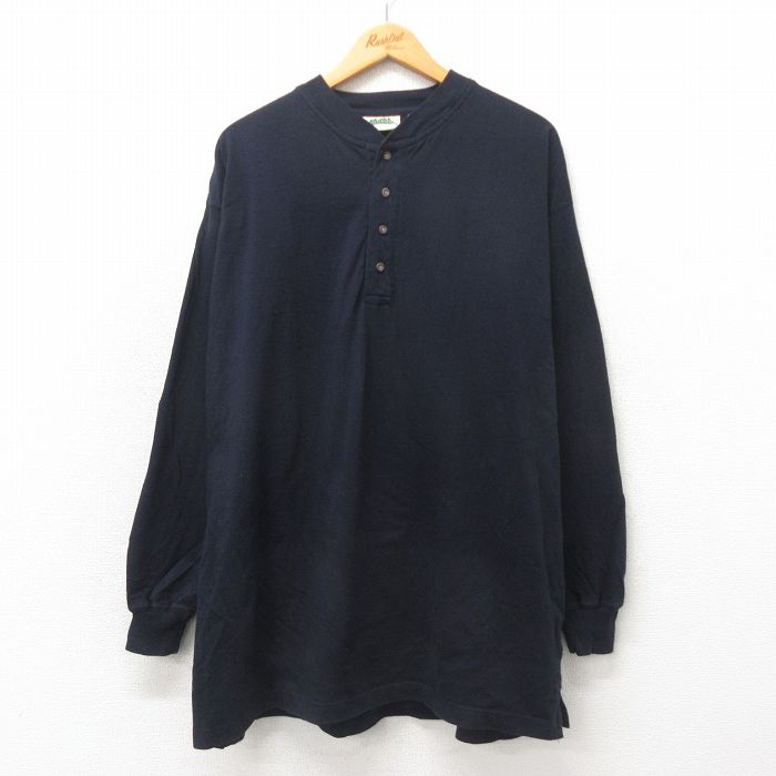 【50%OFF】XL★古着 長袖 ビンテージ Tシャツ メンズ 00年代 00s 無地 大きいサイズ ロング丈 コットン ヘンリーネック 黒 ブラック 25may23 中古
