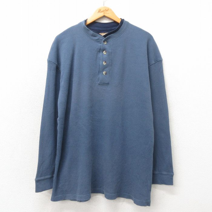 XL★古着 長袖 サーマル Tシャツ メンズ 大きいサイズ コットン ヘンリーネック 薄紺 ネイビー 25may23 中古