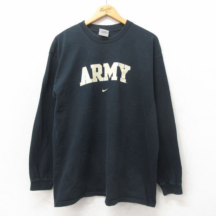 XL★古着 ナイキ NIKE 長袖 ビンテージ Tシャツ メンズ 00年代 00s アーミー ARMY コットン クルーネック 黒 ブラック 25may23 中古