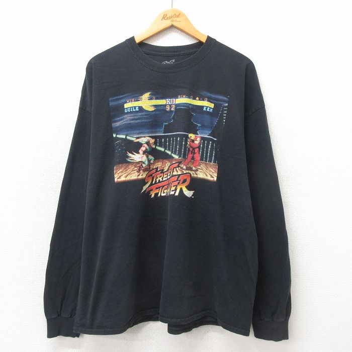 XL★古着 長袖 Tシャツ メンズ ゲーム ストリートファイター 大きいサイズ コットン クルーネック 黒 ブラック 【spe】 25may23 中古