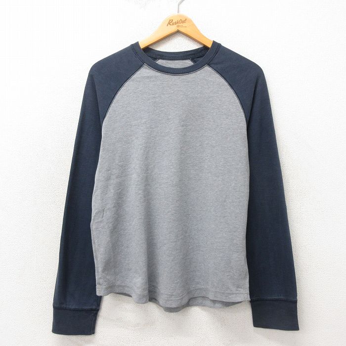 L★古着 長袖 Tシャツ メンズ 無地 コットン ラグラン クルーネック グレー 霜降り 25may23 中古
