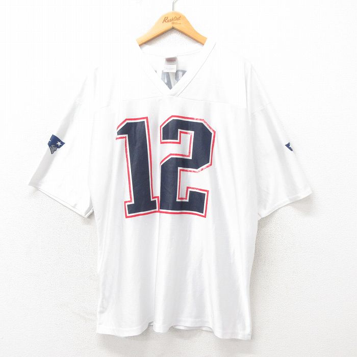 XL★古着 半袖 ビンテージ フットボール Tシャツ メンズ 00年代 00s NFL ニューイングランドペイトリオッツ トムブレイディ 12 大きいサイズ Vネック 白 ホワイト アメフト スーパーボウル ユニフォーム ゲームシャツ 25may24 中古