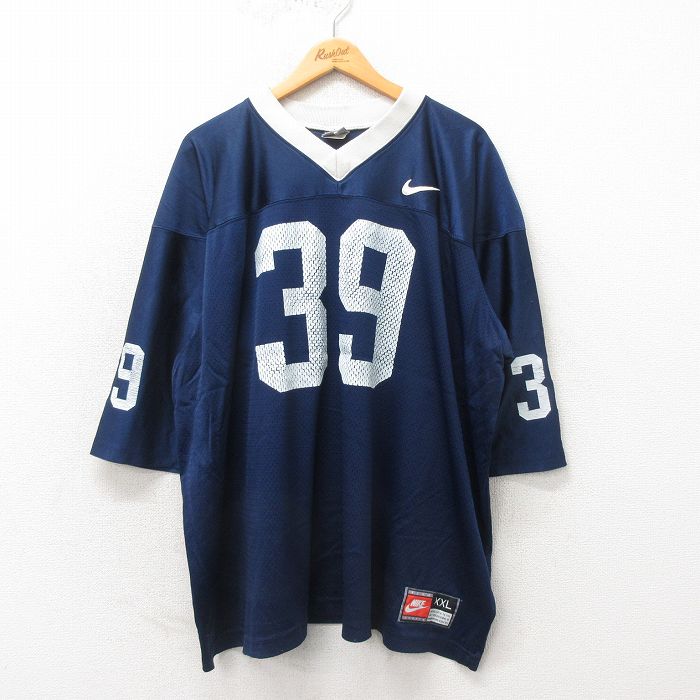 XL★古着 ナイキ NIKE 長袖 ビンテージ フットボール Tシャツ メンズ 90年代 90s 39 大きいサイズ メッシュ地 Vネック USA製 紺 ネイビー 【spe】 25may24 中古