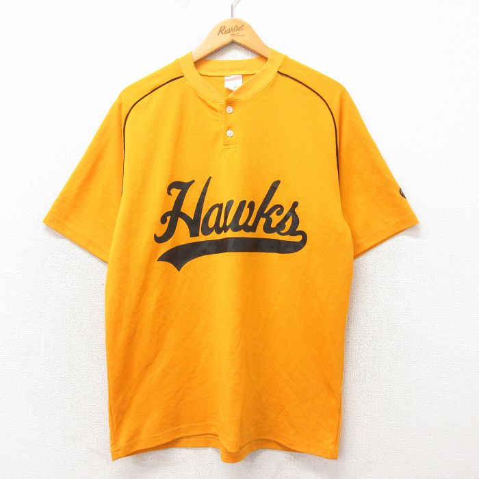 L★古着 半袖 ビンテージ Tシャツ メンズ 90年代 90s ホークス メッシュ地 ヘンリーネック カナダ製 黄 イエロー 25may24 中古