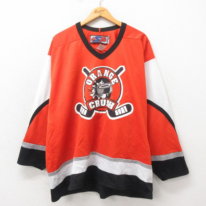 XL★古着 長袖 ビンテージ Tシャツ アイスホッケー ジャージ メンズ 00年代 00s クラッシュ 大きいサイズ メッシュ地 Vネック カナダ製 オレンジ ユニフォーム ゲームシャツ 25may24 中古