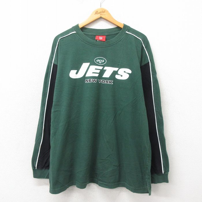 XL★古着 長袖 ビンテージ Tシャツ メンズ 00年代 00s ニューヨークジェッツ 大きいサイズ クルーネック 緑 グリーン 25may24 中古