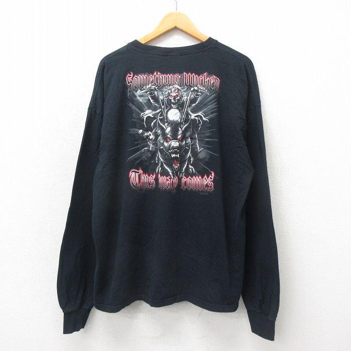XL★古着 長袖 ビンテージ Tシャツ メンズ 00年代 00s スケルトン バイク 大きいサイズ コットン クルーネック 黒 ブラック 25may24 中古