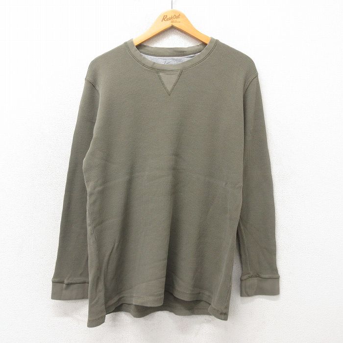 XL★古着 長袖 サーマル Tシャツ メンズ 無地 コットン クルーネック 緑 グリーン 25may24 中古