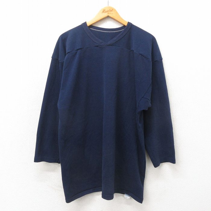 XL★古着 ラッセル 長袖 ビンテージ フットボール Tシャツ メンズ 80年代 80s 無地 Vネック USA製 紺 ネイビー 【spe】 25may24 中古