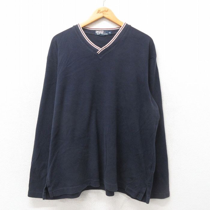 XL★古着 ラルフローレン Ralph Lauren 長袖 ブランド Tシャツ メンズ 90年代 90s ワンポイントロゴ 大きいサイズ コットン クルーネック 紺 ネイビー 25may24 中古