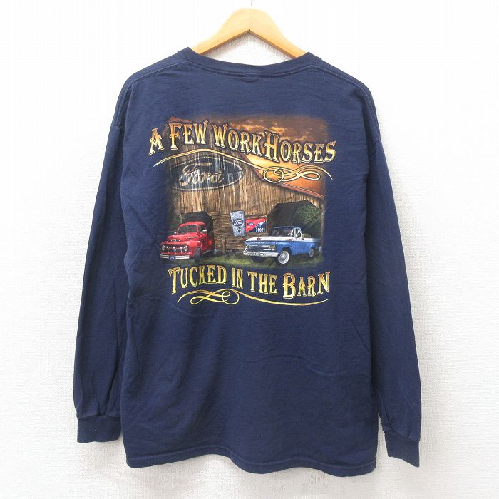XL★古着 長袖 Tシャツ メンズ フォード コットン クルーネック 紺 ネイビー 25may24 中古