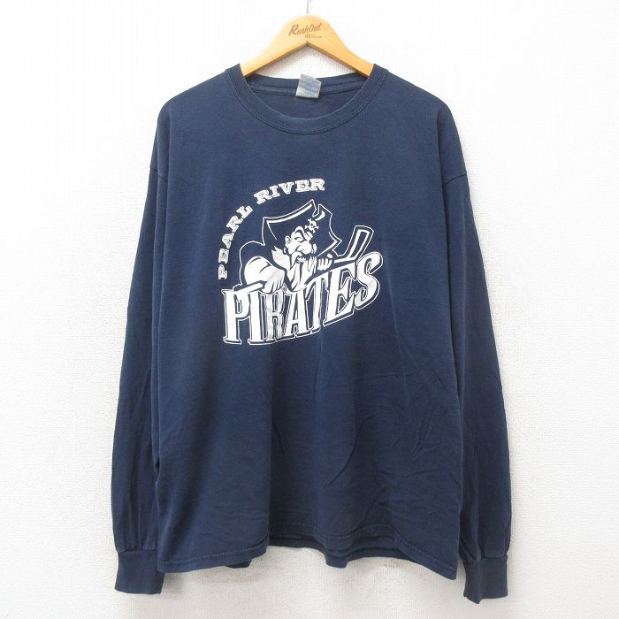 XL★古着 長袖 ビンテージ Tシャツ メンズ 00年代 00s 海賊 大きいサイズ コットン クルーネック 紺 ネイビー 25may24 中古