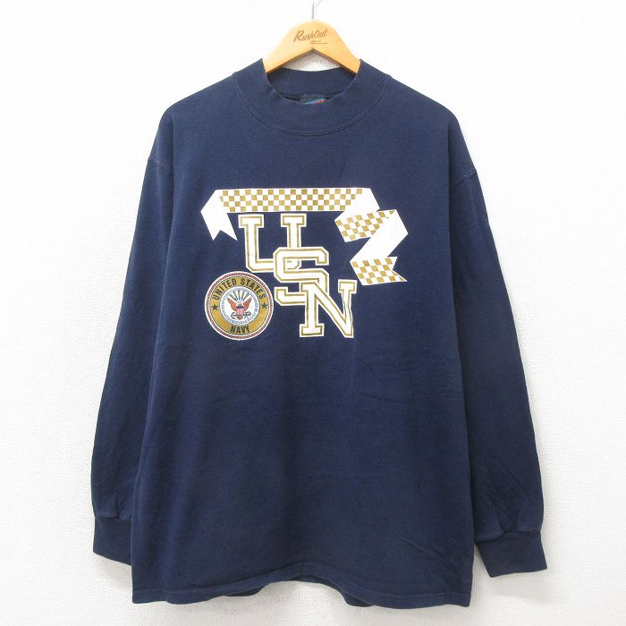 XL★古着 長袖 ビンテージ Tシャツ メンズ 90年代 90s ミリタリー USN コットン ハイネック モックネック USA製 紺 ネイビー 25may24 中古