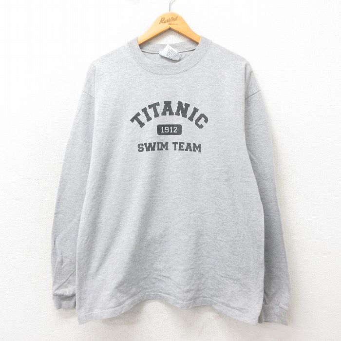 XL★古着 長袖 ビンテージ Tシャツ メンズ 90年代 90s タイタニック コットン クルーネック USA製 グレー 霜降り 25may24 中古