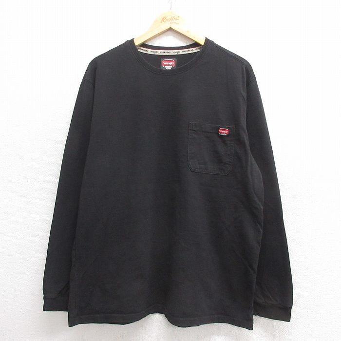 XL★古着 ラングラー Wrangler 長袖 Tシャツ メンズ 胸ポケット付き コットン クルーネック 黒 ブラック 25may27 中古