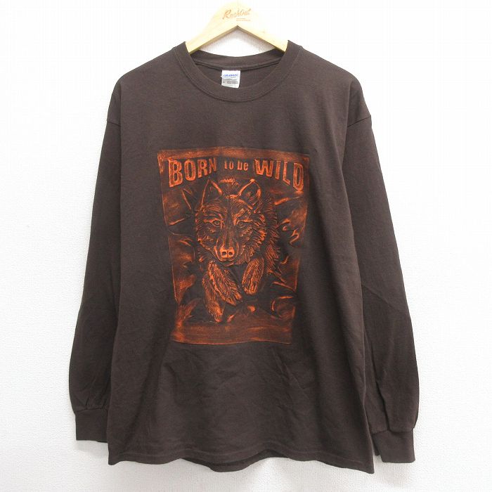 L★古着 長袖 ビンテージ Tシャツ メンズ 00年代 00s オオカミ コットン クルーネック こげ茶 ブラウン 25may27 中古