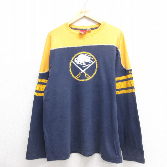 【50%OFF】XL★古着 リーボック REEBOK 長袖 フットボール Tシャツ メンズ NHL バッファローセイバーズ コットン クルーネック 濃紺 ネイビー アイスホッケー 25may27 中古