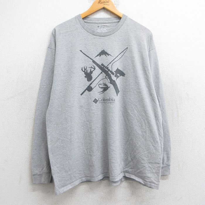 【50%OFF】XL★古着 コロンビア COLUMBIA 長袖 Tシャツ メンズ 釣り 銃 クルーネック グレー 霜降り 25may28 中古