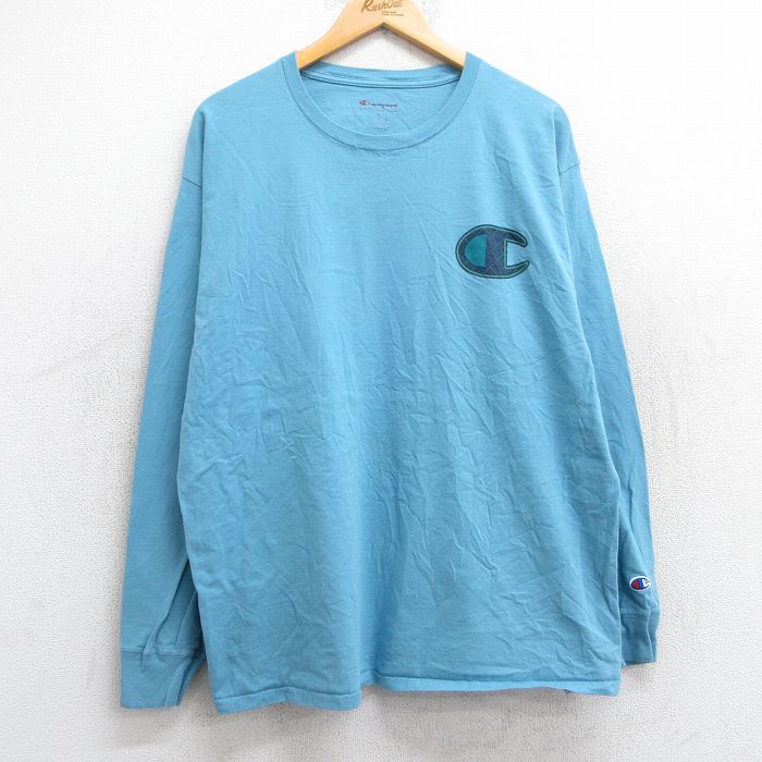 【20%OFF】L★古着 チャンピオン Champion 長袖 Tシャツ メンズ ワンポイントロゴ コットン クルーネック 水色 25jun02 中古