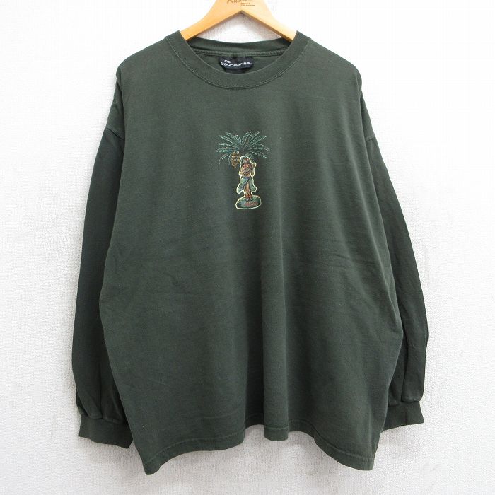 XL★古着 no boundaries 長袖 ビンテージ Tシャツ メンズ 90年代 90s ヤシの木 フラダンス 大きいサイズ コットン クルーネック USA製 濃緑 グリーン 25jun02 中古