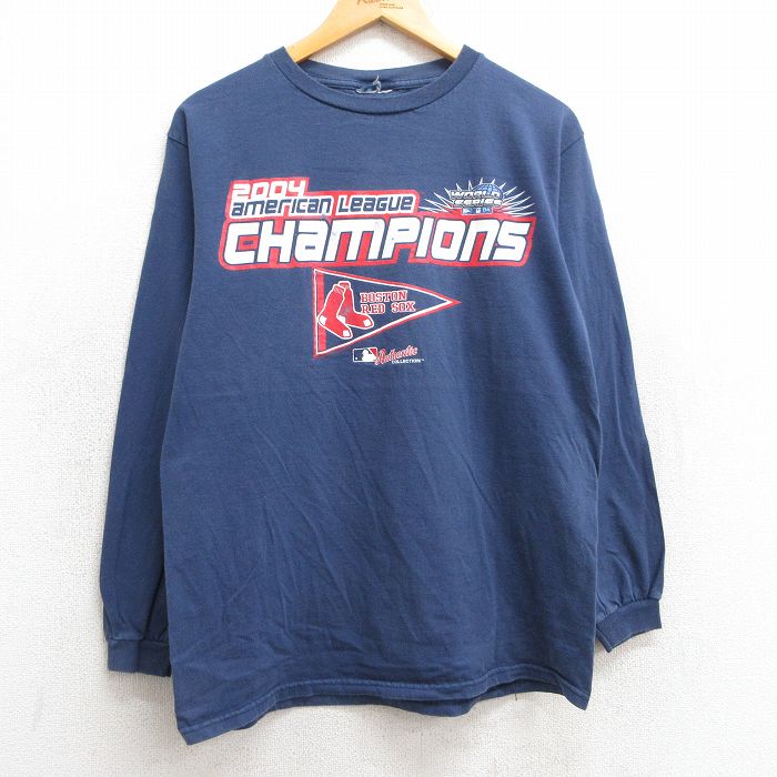 【50%OFF】L★古着 長袖 ビンテージ Tシャツ メンズ 00年代 00s MLB ボストンレッドソックス クルーネック 紺 ネイビー メジャーリーグ ベースボール 野球 25jun02 中古