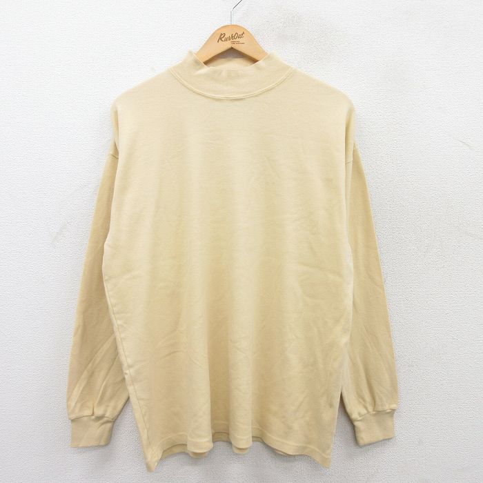 【20%OFF】L★古着 長袖 ビンテージ Tシャツ メンズ 90年代 90s 無地 コットン モックネック ハイネック USA製 薄黄系 イエロー 25jun03 中古