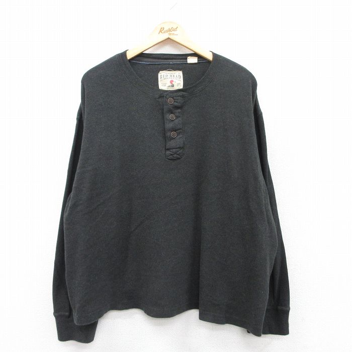 XL★古着 レッドヘッド 長袖 Tシャツ メンズ 無地 大きいサイズ コットン ヘンリーネック 濃緑系 グリーン 25jun03 中古