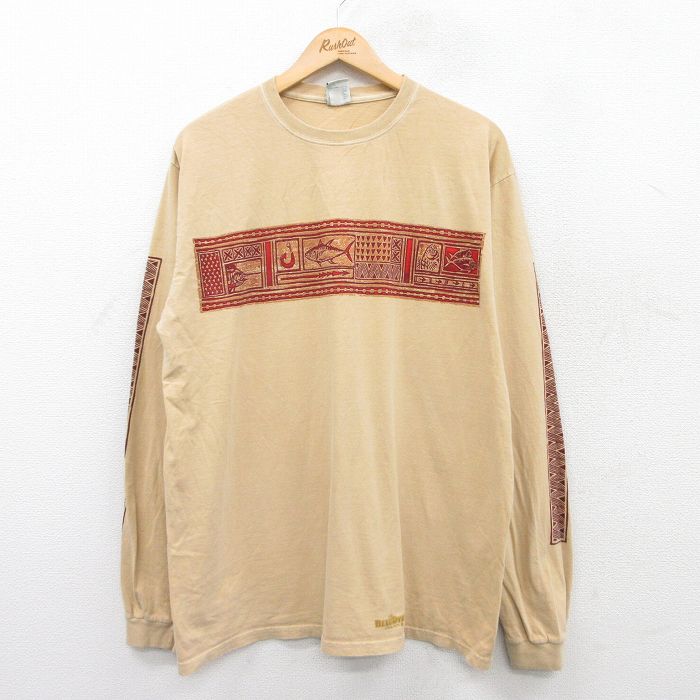 L★古着 Crazy Shirts 長袖 Tシャツ メンズ 魚 コットン クルーネック ベージュ カーキ 25jun03 中古