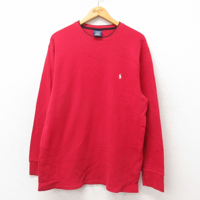 XL★古着 ラルフローレン Ralph Lauren 長袖 ブランド サーマル Tシャツ メンズ ワンポイントロゴ 大きいサイズ コットン クルーネック 赤 レッド 25jun06 中古