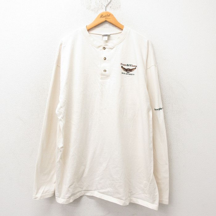 【50%OFF】XL★古着 長袖 Tシャツ メンズ フクロウ 大きいサイズ ロング丈 コットン ヘンリーネック 生成り 25jun06 中古
