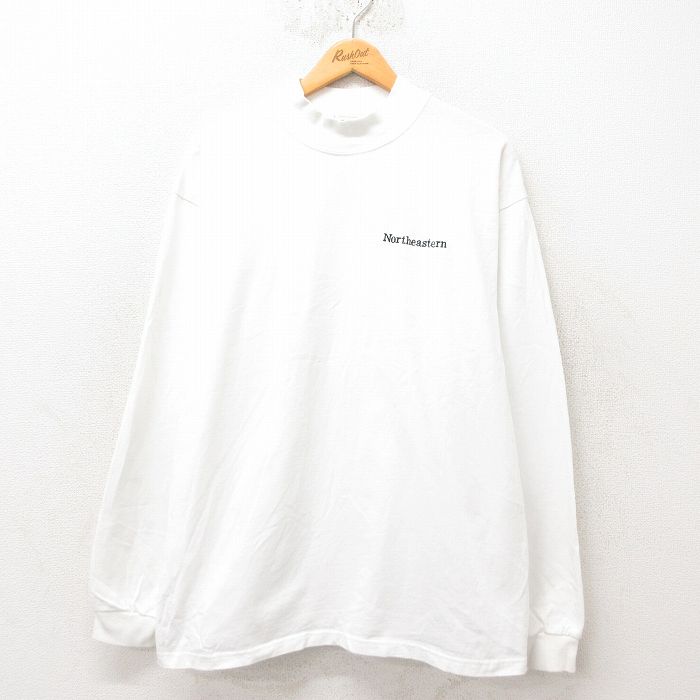 【50%OFF】XL★古着 長袖 Tシャツ メンズ Northeastern コットン モックネック ハイネック 白 ホワイト 25jun06 中古
