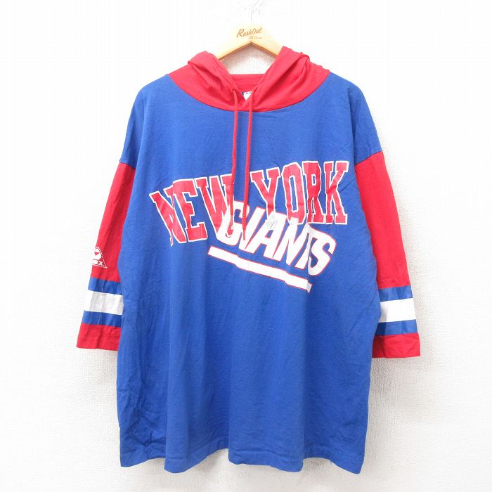 XL★古着 7分袖 ビンテージ Tシャツ パーカー メンズ 90年代 90s NFL ニューヨークジャイアンツ USA製 青他 ブルー アメフト スーパーボウル 25jun06 中古 7分丈 七分丈 七分袖