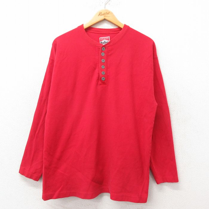 L★古着 マルボロ 長袖 ビンテージ Tシャツ メンズ 90年代 90s 無地 コットン ヘンリーネック USA製 赤 レッド 【spe】 25jun06 中古