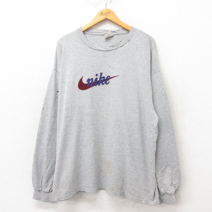 XL★古着 ナイキ NIKE 長袖 ビンテージ Tシャツ メンズ 90年代 90s ビッグロゴ フロッキー 大きいサイズ クルーネック USA製 グレー 霜降り 【spe】 25jun06 中古